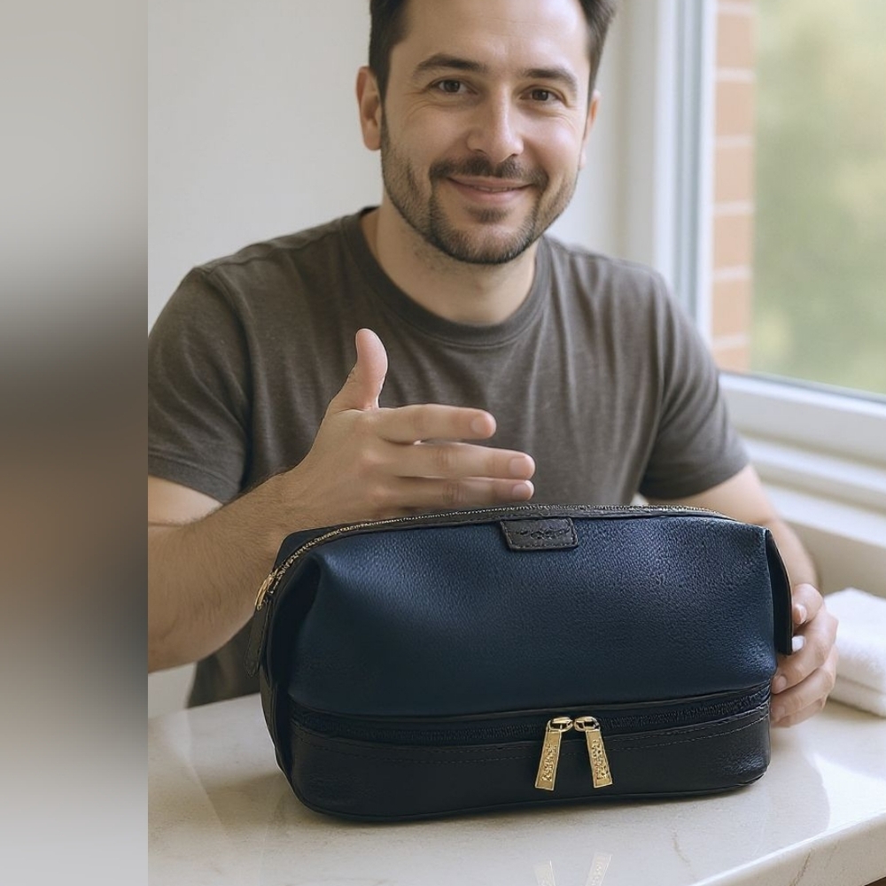 Vetelli Elegant Navy Blue/ Brown Leather Toiletry Bag For Gentlemen.